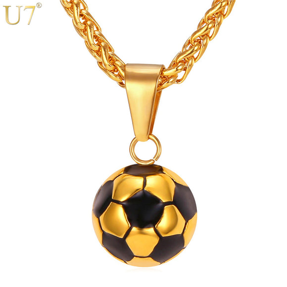 U7 Soccer Necklaces Men Jewelry Gold Color Stainless Steel Fitness Football Sport Pendant & Chain Fathers Day Gifts For Dad P918