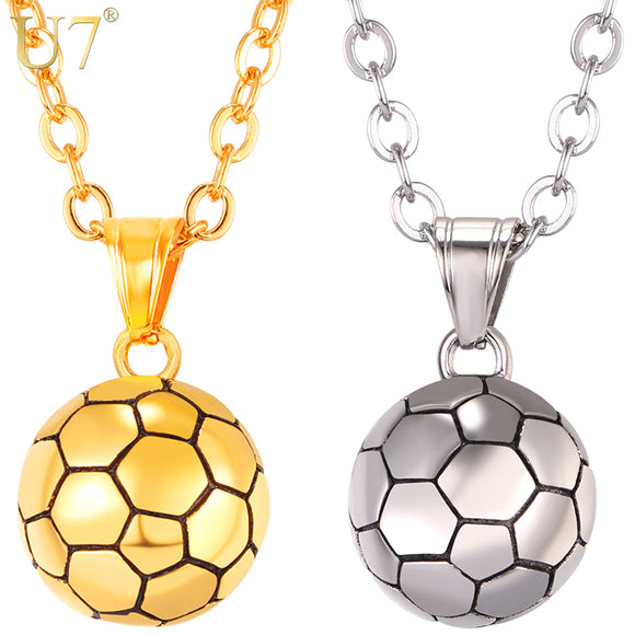 U7 Stainless Steel Football Pattern Pendant & Link Chain Necklace For Men/Women Sport Boy Soccer Fan Hip Hop Jewelry P1095